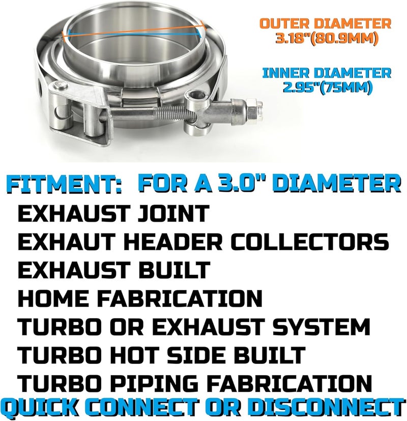 vanjoy Quick Release Stainless Steel V Band Clamp with Male Female V Band Flange for Exhaust, Turbocharger, Turbo or Downpipe, Sold In Pair (3.0'') - Image 3